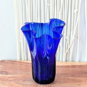Artisan Cobalt Blue Hand-Blown Ruffled Glass Vase - 7” - MCM Style